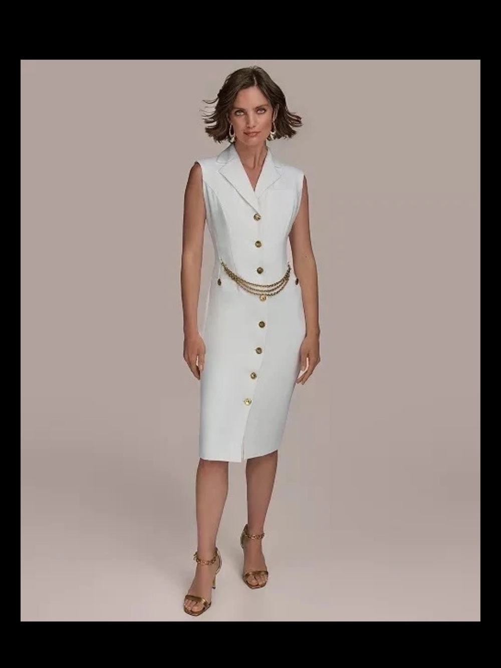 Donna Karan White Sleeveless Midi  Dress with Gold buttons - Chain not included